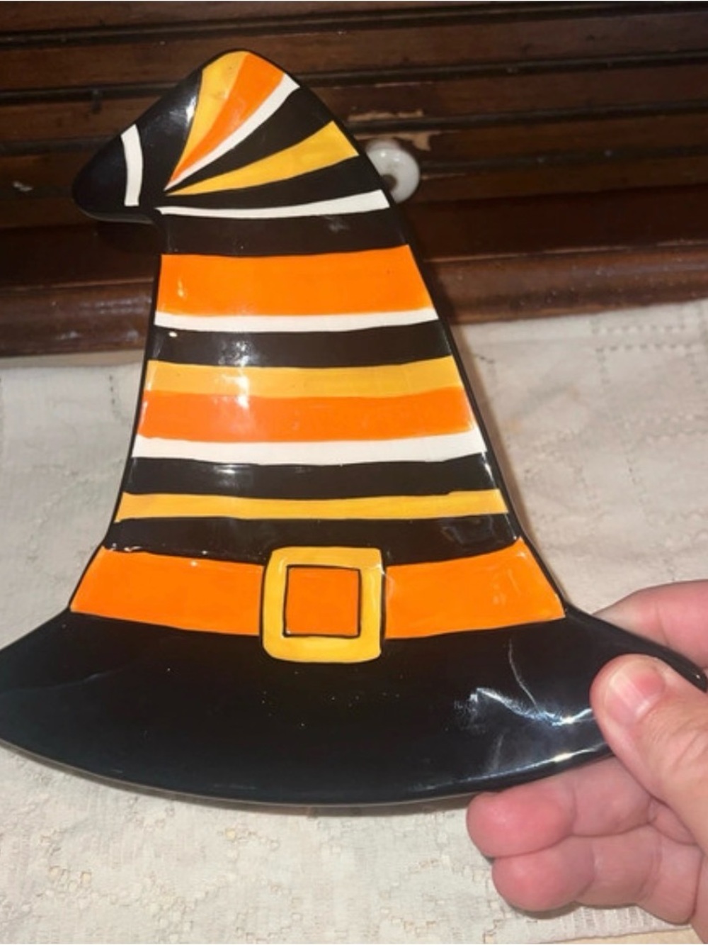 Boston Warehouse Black Orange Yellow Striped Witch Hat Plate